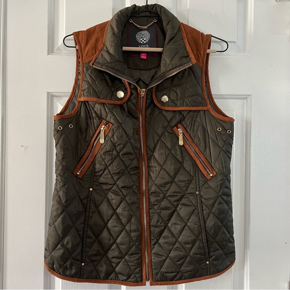 Vince Camuto Puffer Vest Green Brown Gold Accent - Picture 10 of 11